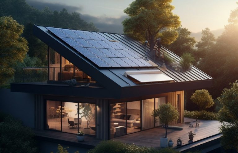 Beispielbild Off-Grid Modernes Haus mit Solarpanelen und großer Terrasse, umgeben von Bäumen.