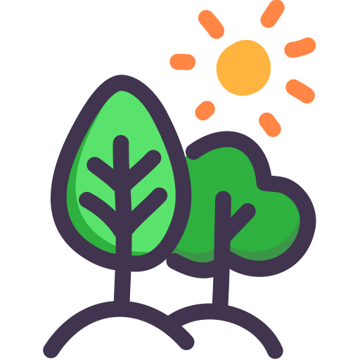 Beispielicon Netzunabhängig Zwei grüne gezeichnete Bäume mit einer Sonne im Hintergrund.