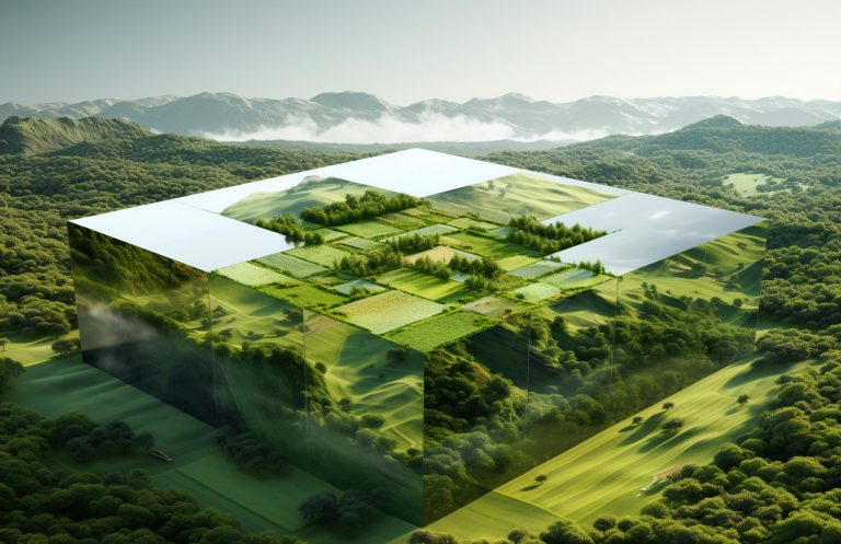 3D Puzzleblock teilweise verspiegelt umgeben von grüner Naturlandschaft