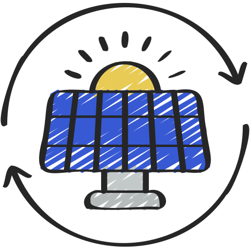 Beispielicon Anlage nachrüsten Solarpanel mit Sonne und Recycling-Symbol, das erneuerbare Energie repräsentiert.