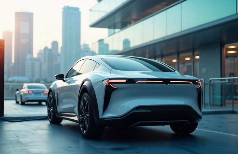 Beispielbild E Mobilität Ein modernes Elektroauto in einer urbanen Umgebung mit Wolkenkratzern im Hintergrund.