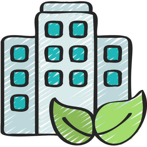 Beispielicon für Gewerbe Moderne Gebäude mit grünen Blättern, Symbol für nachhaltige Architektur.