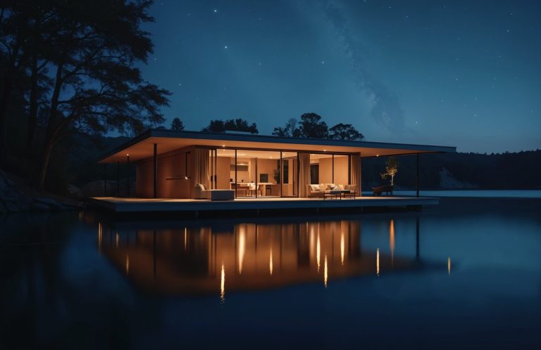 Modernes, beleuchtetes Haus am Ufer eines ruhigen Sees bei Nacht.