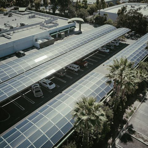 Bildbeispiel für Gewerbliche Solarnutzung Gewerbliche Parkflächen mit Solarpanelen auf Dächern und umgeben von Palmen.